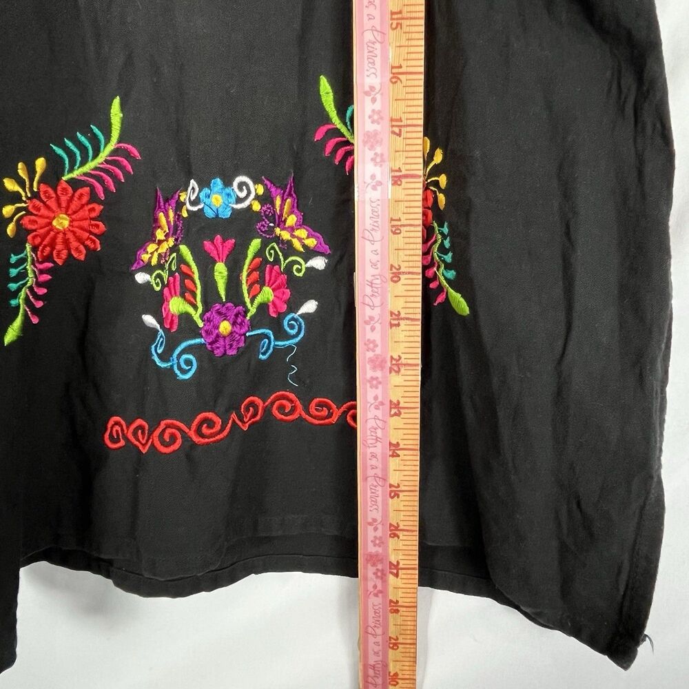 Mexican Embroidered Blouse Black Floral Boho Tunic M Handmade Oaxaca - Picture 13 of 16